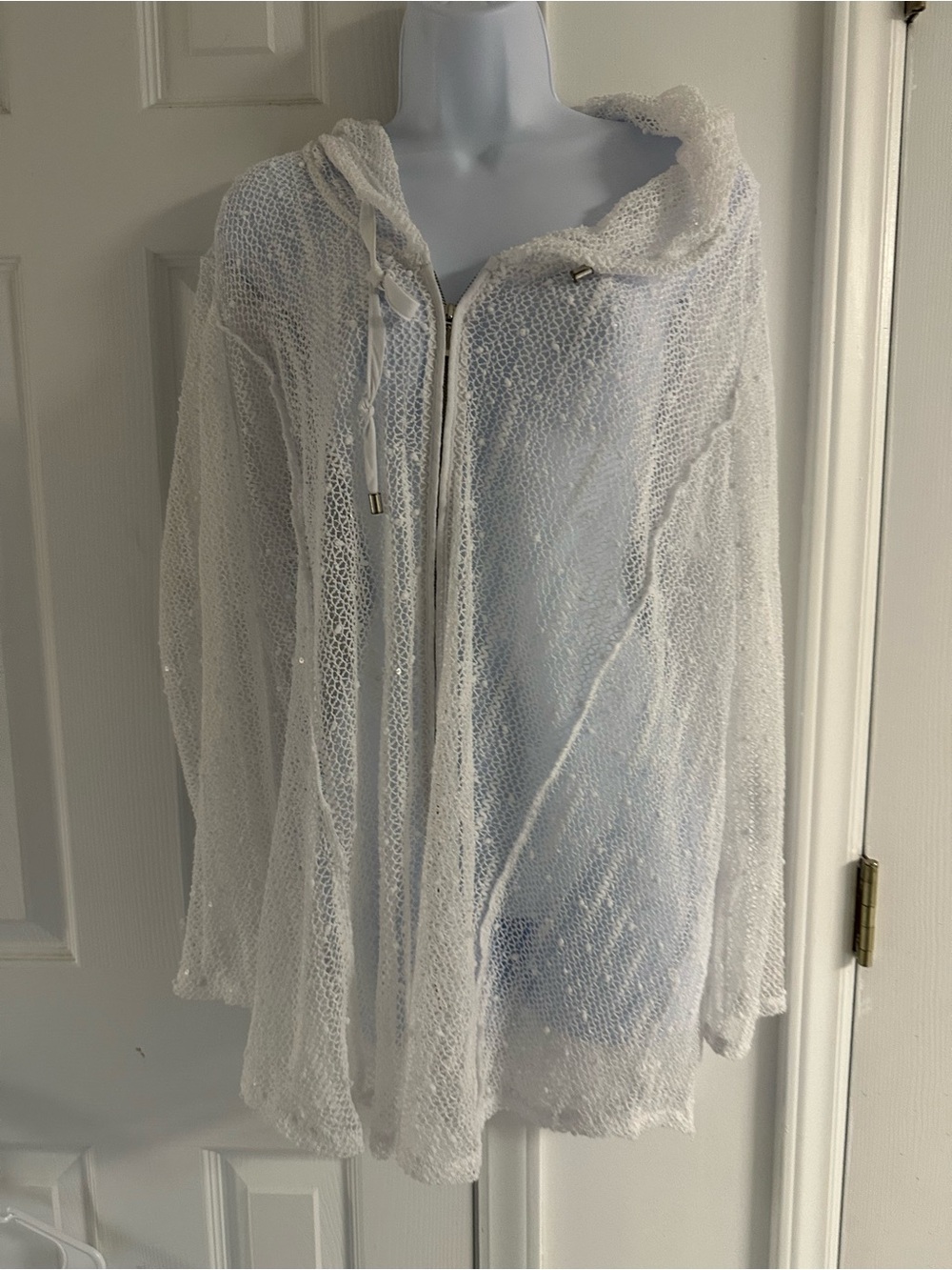 Chico's Sheer White Open Knit Hooded Cardigan